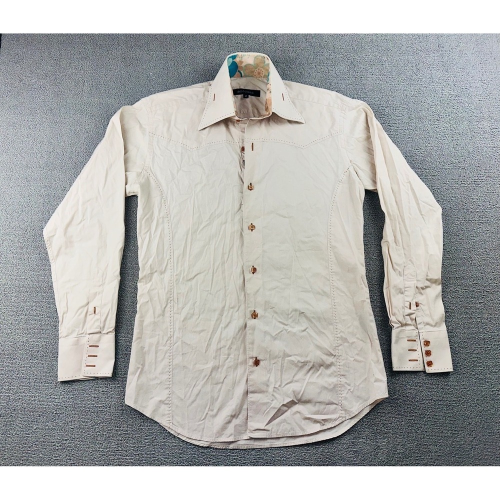 Bogosse Button-Up Shirt‎ Men 2 Beige Slim Floral Trim Long Sleeve Western Office